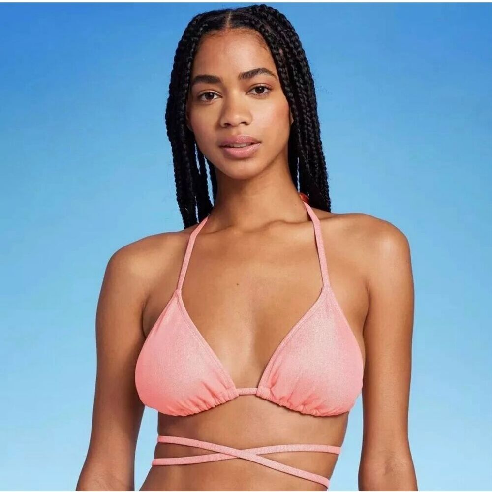 Wild Fable Pink Shimmer Wrap Around Bikini Halter Top Size Large New